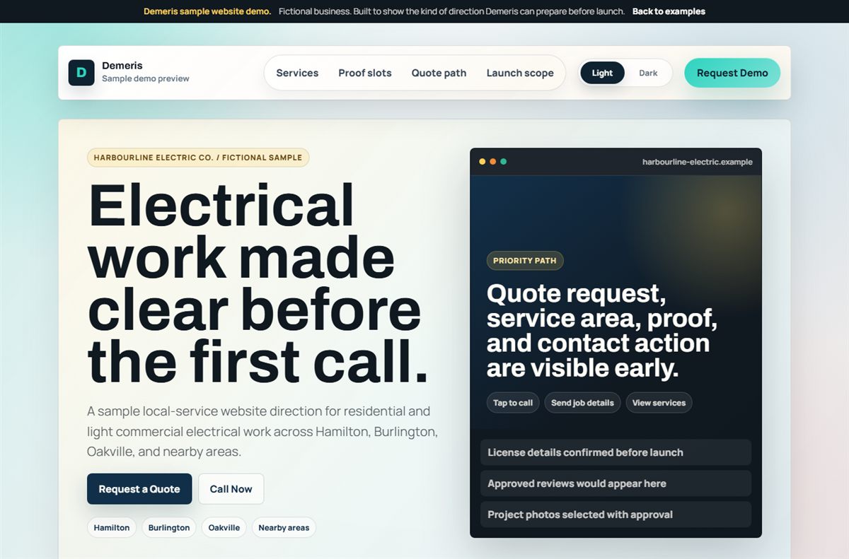 Screenshot of a fictional electrician sample website demo